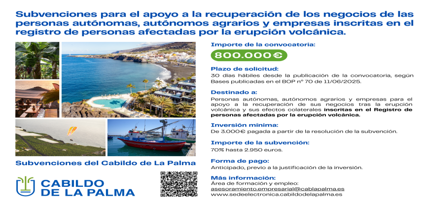 El Cabildo mantiene abierto el plazo para solicitar la subvención para la recuperación de negocios afectados por el volcán